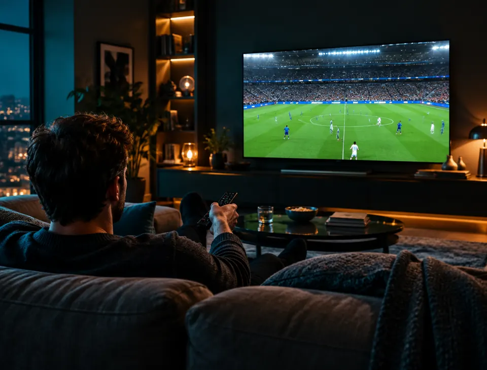 Viewer watching a European football match at home